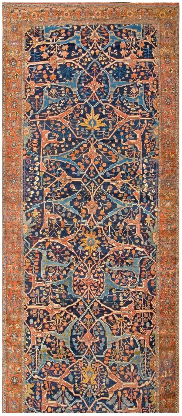 Antique w. Persian bijar garrus carpet 8'10"ã—23'8" dark blue & burnt rust, long format, circa 1870
