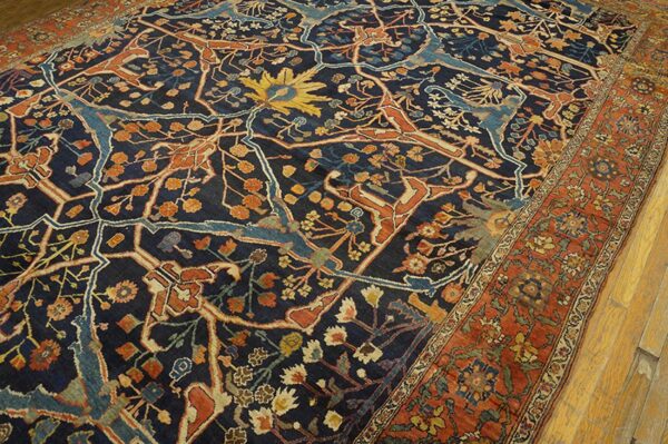 Antique w. Persian bijar garrus carpet 8'10"ã—23'8" dark blue & burnt rust, long format, circa 1870 - detail view 9
