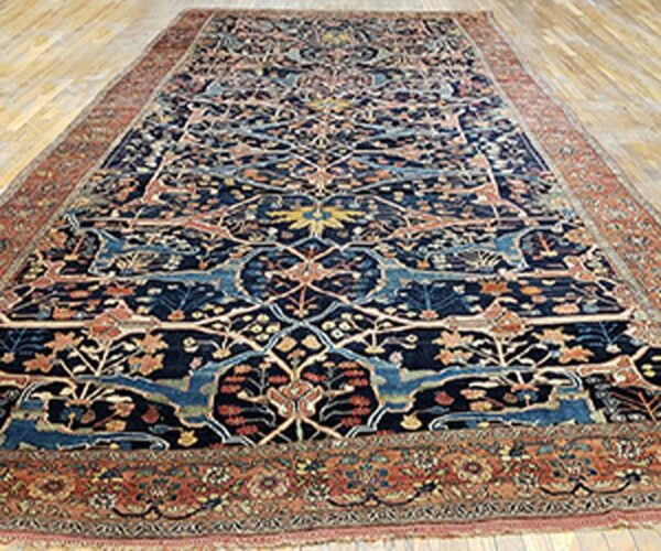 Antique w. Persian bijar garrus carpet 8'10"ã—23'8" dark blue & burnt rust, long format, circa 1870 - detail view 1
