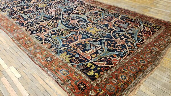 Antique w. Persian bijar garrus carpet 8'10"ã—23'8" dark blue & burnt rust, long format, circa 1870 - detail view 3