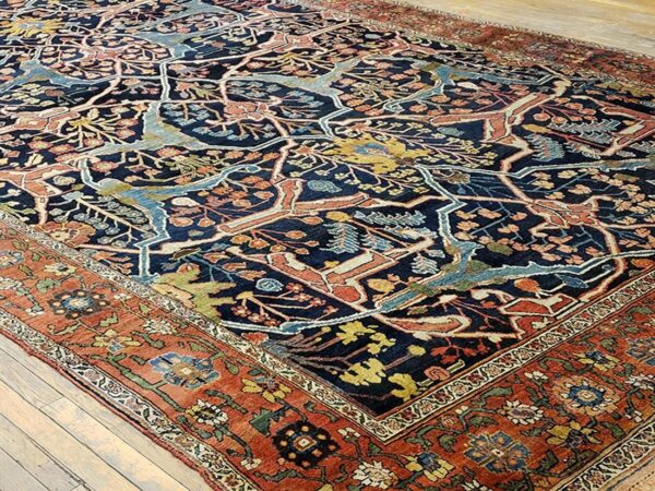 Antique w. Persian bijar garrus carpet 8'10"ã—23'8" dark blue & burnt rust, long format, circa 1870 - detail view 5
