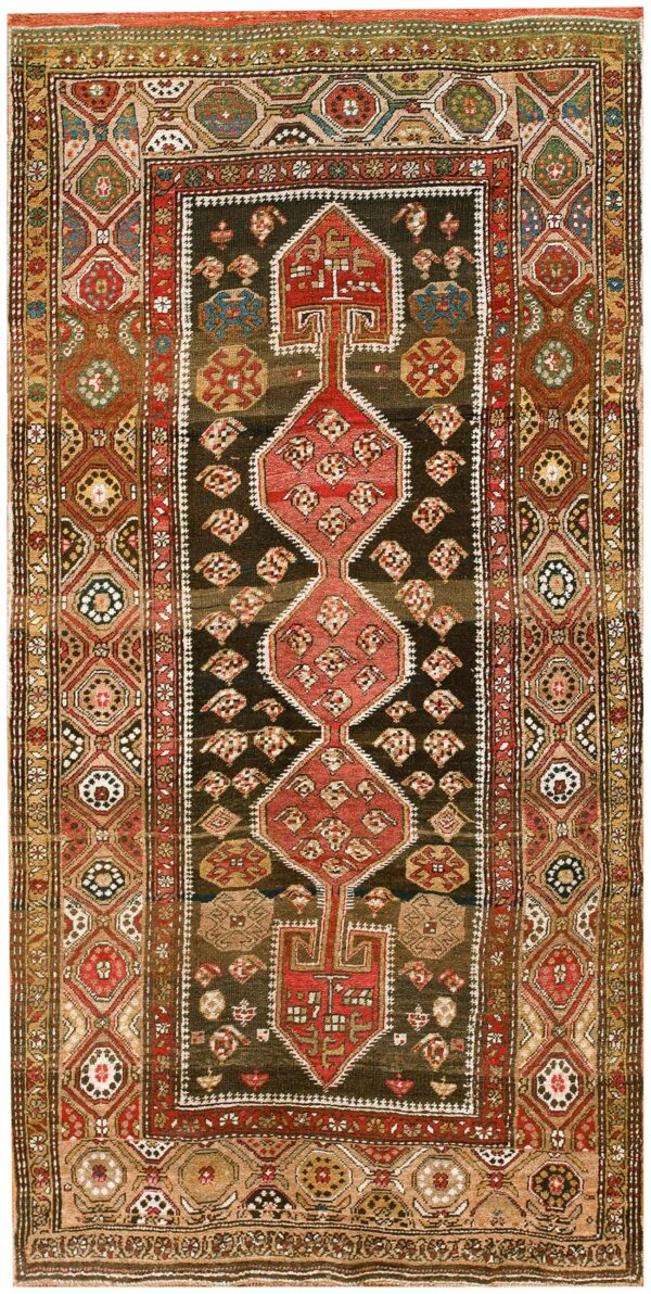 Antique w. Persian kurdish carpet 4'2"×8'6" brown & camel, circa 1930