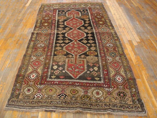 Antique w. Persian kurdish carpet 4'2"×8'6" brown & camel, circa 1930 - detail view 1
