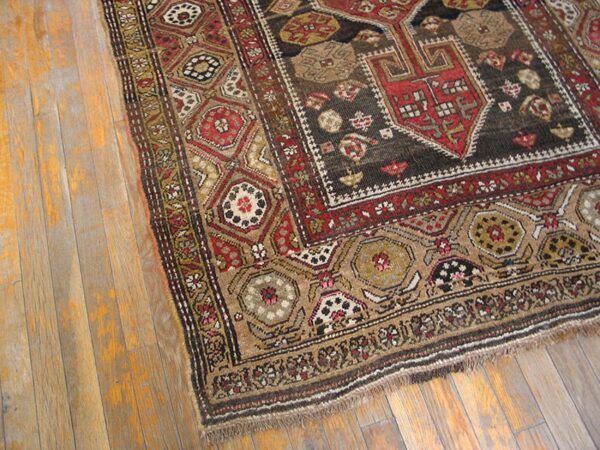 Antique w. Persian kurdish carpet 4'2"×8'6" brown & camel, circa 1930 - detail view 2