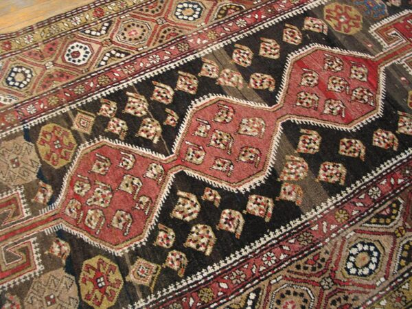 Antique w. Persian kurdish carpet 4'2"×8'6" brown & camel, circa 1930 - detail view 3