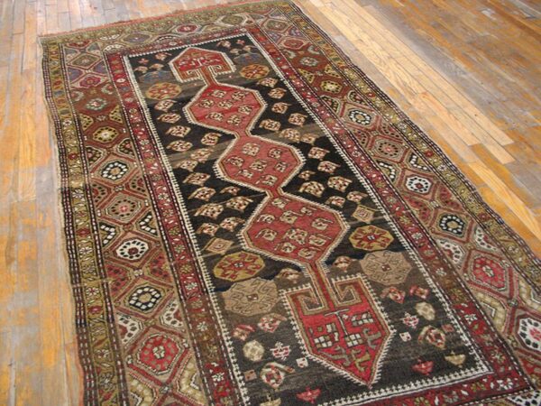 Antique w. Persian kurdish carpet 4'2"×8'6" brown & camel, circa 1930 - detail view 4