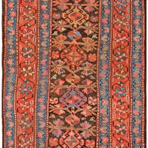 Antique W. Persian Kurdish Carpet 4'×8'9" Brown Field, Red Border, Late 19th Century