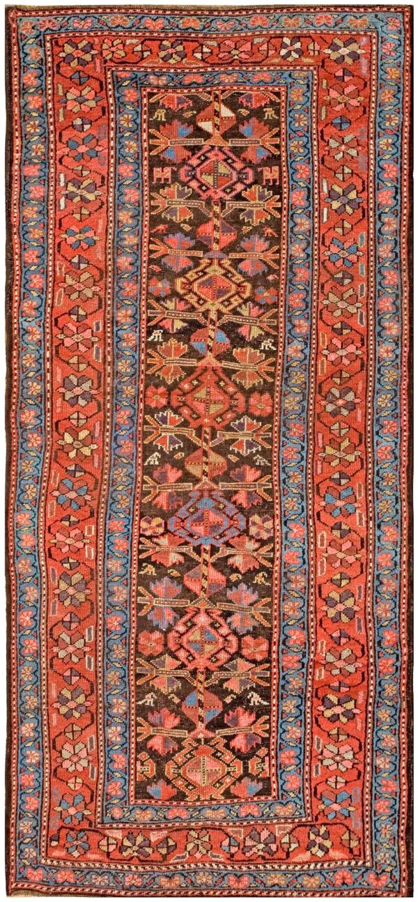 Antique w. Persian kurdish carpet 4'×8'9" brown field, red border, late 19th century