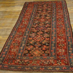 Antique W. Persian Kurdish Carpet 4'×8'9" Brown Field, Red Border, Late 19th Century - detail view 1