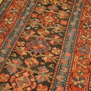 Antique W. Persian Kurdish Carpet 4'×8'9" Brown Field, Red Border, Late 19th Century - detail view 2