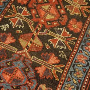 Antique W. Persian Kurdish Carpet 4'×8'9" Brown Field, Red Border, Late 19th Century - detail view 4