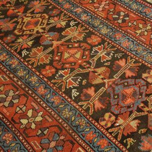 Antique W. Persian Kurdish Carpet 4'×8'9" Brown Field, Red Border, Late 19th Century - detail view 5