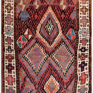 Antique W. Persian Kurdish Jaf Carpet 3'10"×9'3" Red Field, Ivory Border, Tribal Lozenges, Late 19th C.