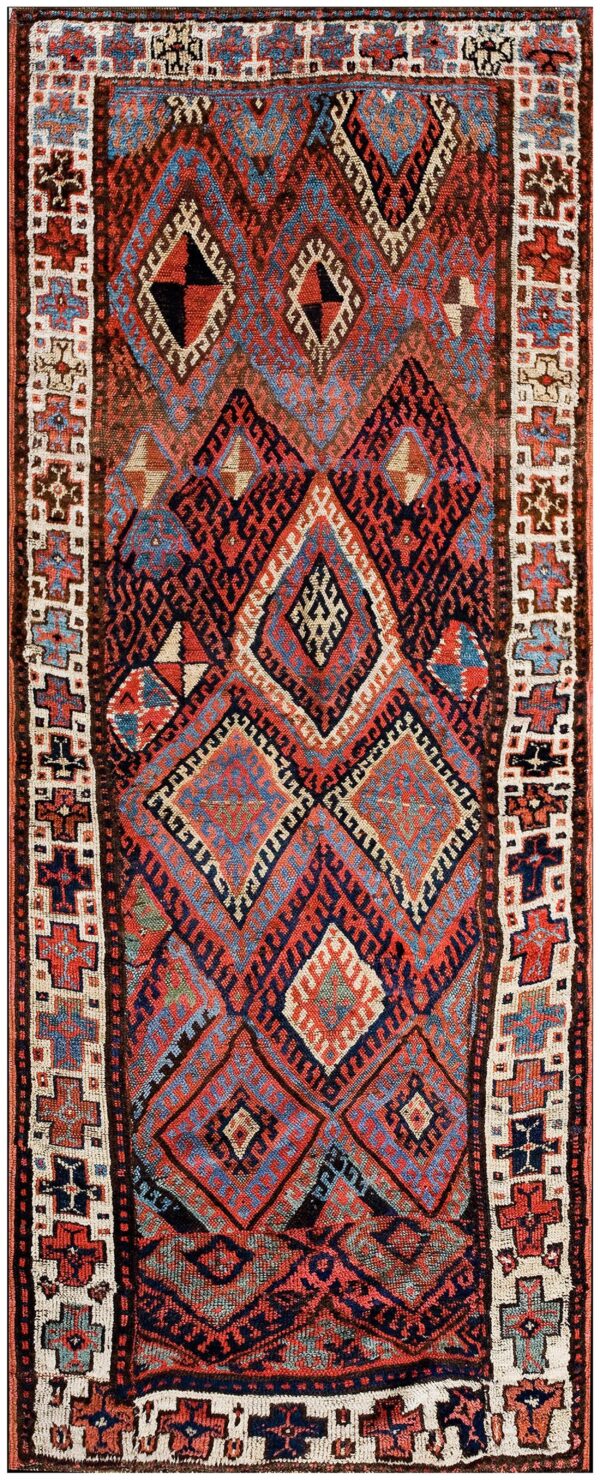 Antique w. Persian kurdish jaf carpet 3'10"×9'3" red field, ivory border, tribal lozenges, late 19th c.