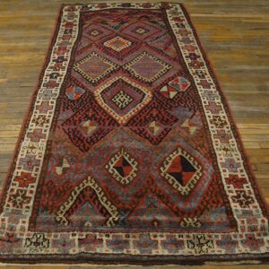 Antique W. Persian Kurdish Jaf Carpet 3'10"×9'3" Red Field, Ivory Border, Tribal Lozenges, Late 19th C. - detail view 1