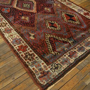 Antique W. Persian Kurdish Jaf Carpet 3'10"×9'3" Red Field, Ivory Border, Tribal Lozenges, Late 19th C. - detail view 2