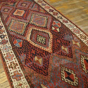 Antique W. Persian Kurdish Jaf Carpet 3'10"×9'3" Red Field, Ivory Border, Tribal Lozenges, Late 19th C. - detail view 3
