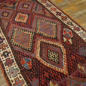 Antique W. Persian Kurdish Jaf Carpet 3'10"×9'3" Red Field, Ivory Border, Tribal Lozenges, Late 19th C. - detail view 5