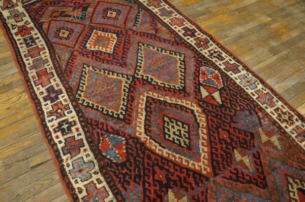 Antique w. Persian kurdish jaf carpet 3'10"×9'3" red field, ivory border, tribal lozenges, late 19th c. - detail view 5