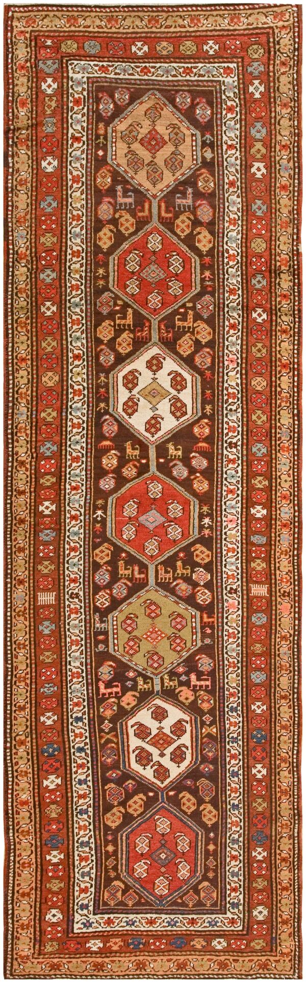 Antique w. Persian kurdish runner 3'10"×13'2" brown field, orange border, tribal, circa 1930 1 Antique w. Persian kurdish runner 3'10"ã—13'2" brown field, orange border, tribal, circa 1930