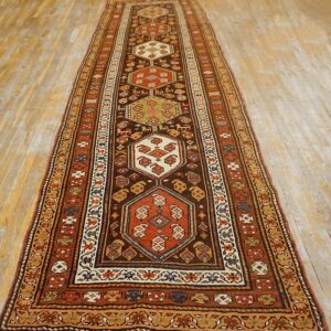 Antique W. Persian Kurdish Runner 3'10"×13'2" Brown Field, Orange Border, Tribal, Circa 1930 - detail view 1