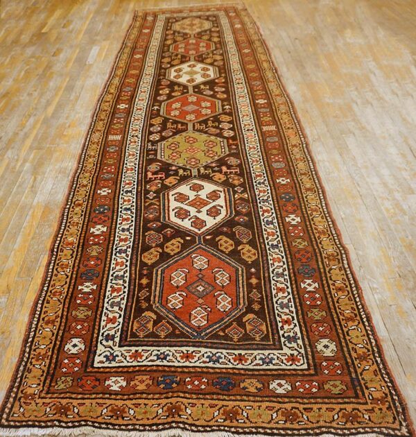 Antique w. Persian kurdish runner 3'10"×13'2" brown field, orange border, tribal, circa 1930 2 Antique w. Persian kurdish runner 3'10"ã—13'2" brown field, orange border, tribal, circa 1930 - detail view 1