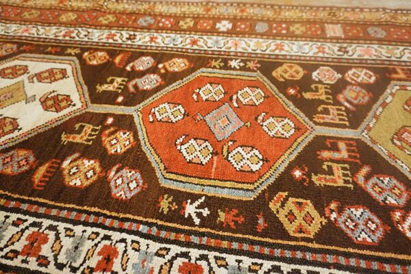 Antique w. Persian kurdish runner 3'10"×13'2" brown field, orange border, tribal, circa 1930 5 Antique w. Persian kurdish runner 3'10"ã—13'2" brown field, orange border, tribal, circa 1930 - detail view 4