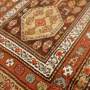 Antique W. Persian Kurdish Runner 3'10"×13'2" Brown Field, Orange Border, Tribal, Circa 1930 - detail view 5