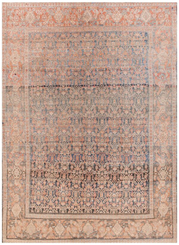 Antique w. Persian senneh carpet 4'7"×6'6" blue field, soft red border, late 19th century