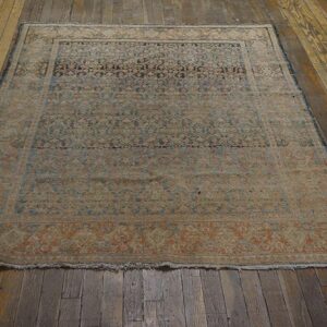 Antique W. Persian Senneh Carpet 4'7"×6'6" Blue Field, Soft Red Border, Late 19th Century - detail view 1