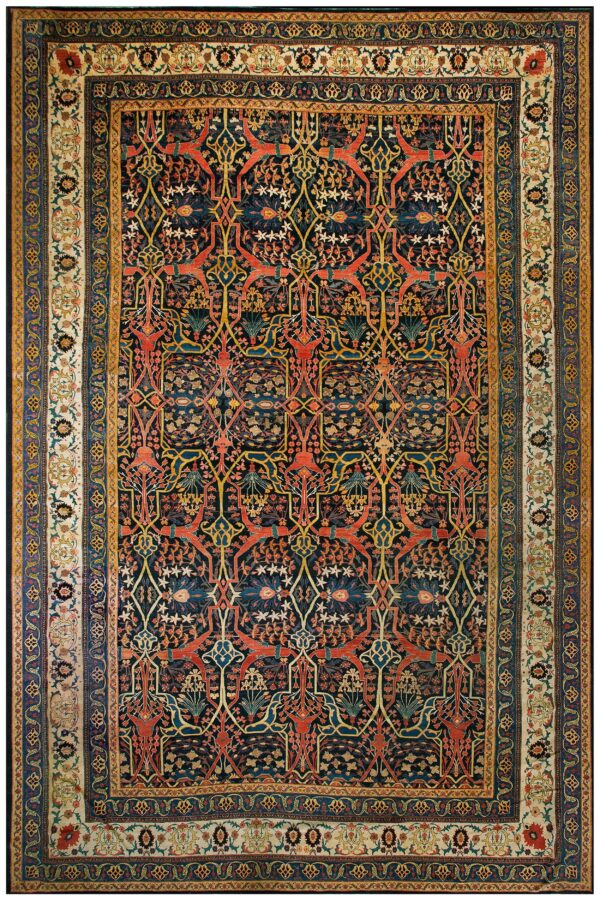 Antique w. Persian senneh garrus carpet 13'10"×20'9" navy & ivory, circa 1880
