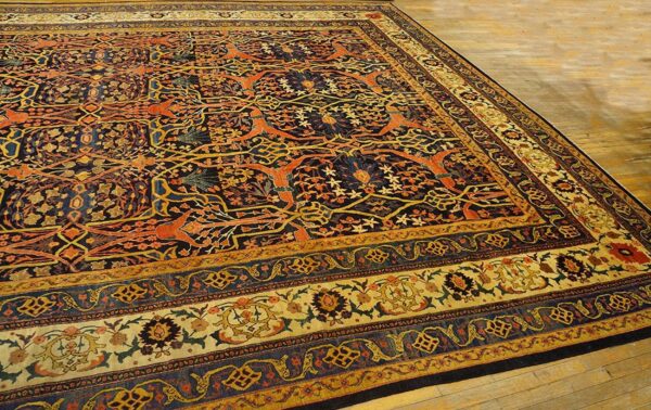 Antique w. Persian senneh garrus carpet 13'10"×20'9" navy & ivory, circa 1880 - detail view 2