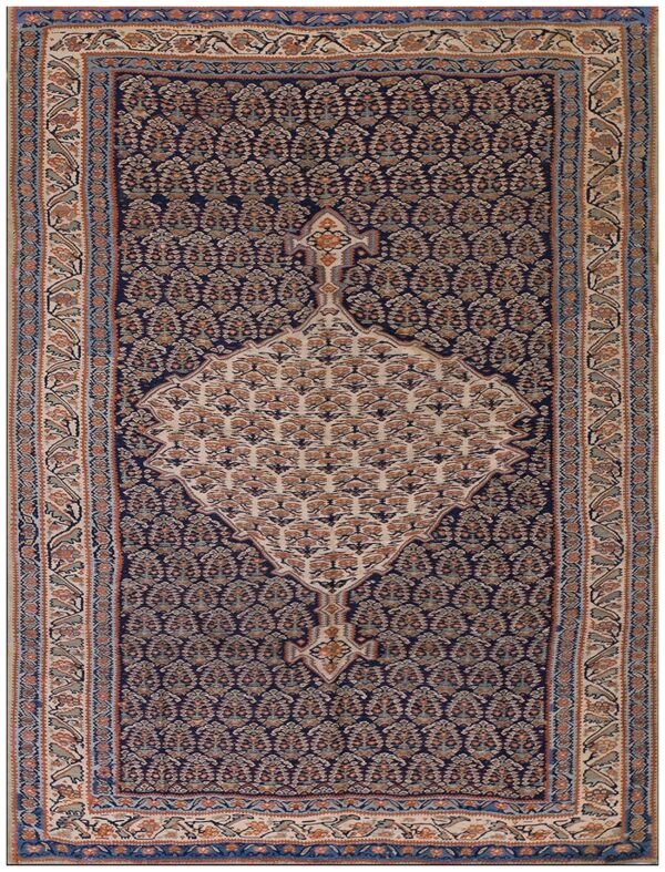 Antique w. Persian senneh paisley kilim 4'3"×5'10" navy & yellow, late 19th century 1 Antique w. Persian senneh paisley kilim 4'3"×5'10" navy & yellow, late 19th century