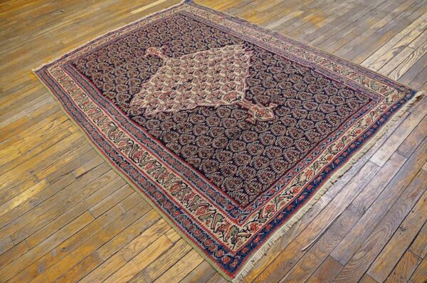 Antique w. Persian senneh paisley kilim 4'3"×5'10" navy & yellow, late 19th century 2 Antique w. Persian senneh paisley kilim 4'3"×5'10" navy & yellow, late 19th century - detail view 1
