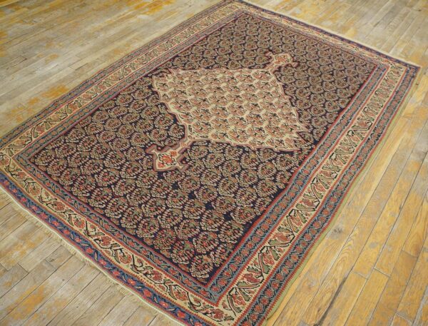 Antique w. Persian senneh paisley kilim 4'3"×5'10" navy & yellow, late 19th century 3 Antique w. Persian senneh paisley kilim 4'3"×5'10" navy & yellow, late 19th century - detail view 2