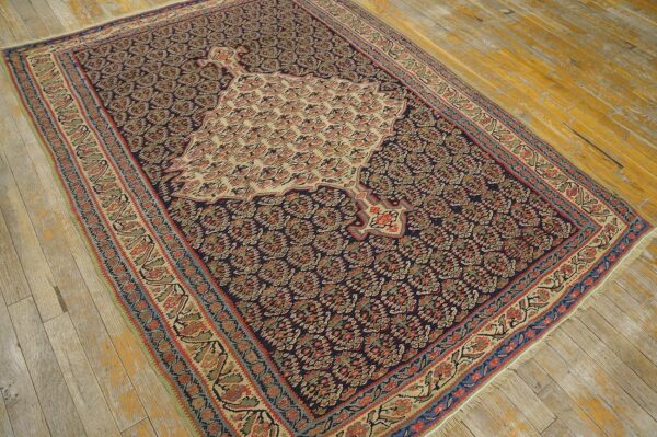 Antique w. Persian senneh paisley kilim 4'3"×5'10" navy & yellow, late 19th century 4 Antique w. Persian senneh paisley kilim 4'3"×5'10" navy & yellow, late 19th century - detail view 3