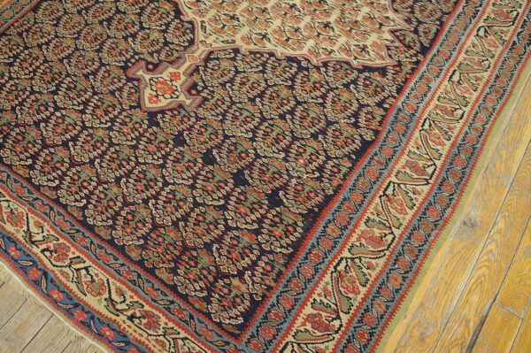 Antique w. Persian senneh paisley kilim 4'3"×5'10" navy & yellow, late 19th century 6 Antique w. Persian senneh paisley kilim 4'3"×5'10" navy & yellow, late 19th century - detail view 5