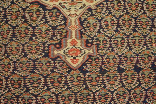 Antique w. Persian senneh paisley kilim 4'3"×5'10" navy & yellow, late 19th century 7 Antique w. Persian senneh paisley kilim 4'3"×5'10" navy & yellow, late 19th century - detail view 6
