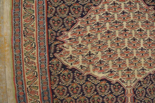 Antique w. Persian senneh paisley kilim 4'3"×5'10" navy & yellow, late 19th century 9 Antique w. Persian senneh paisley kilim 4'3"×5'10" navy & yellow, late 19th century - detail view 8