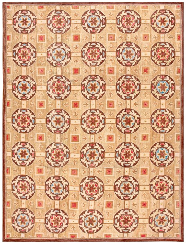 Contemporary american hooked rug — beige butterflies-flowers pattern