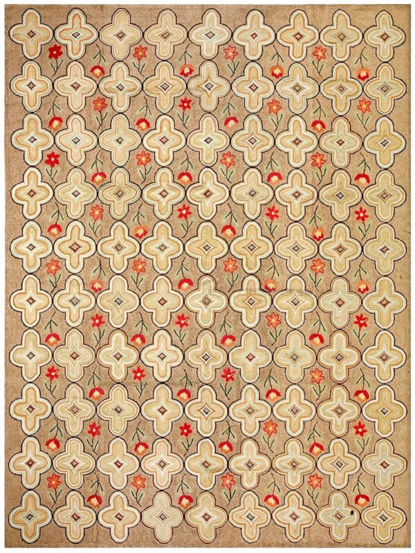 Contemporary american hooked rug — beige color, flowers pattern