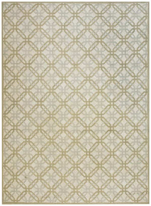 Contemporary american hooked rug 9'ã—12' â€” beige & ivory interlocking geometric