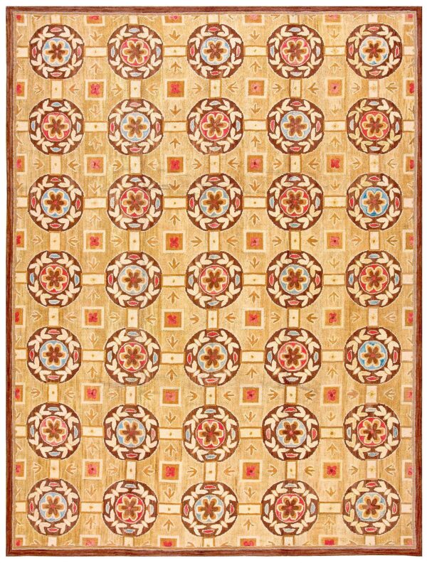 Contemporary american hooked rug — beige & red butterflies-flowers