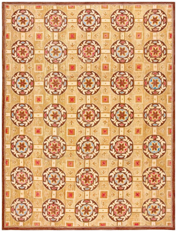 Contemporary american hooked rug â€” beige & red butterflies-flowers pattern