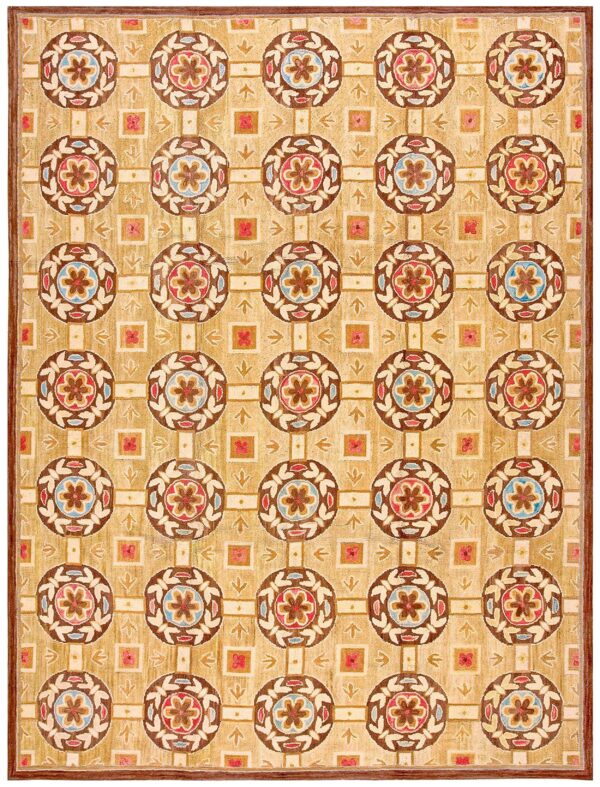 Contemporary american hooked rug — beige & red butterflies-flowers pattern
