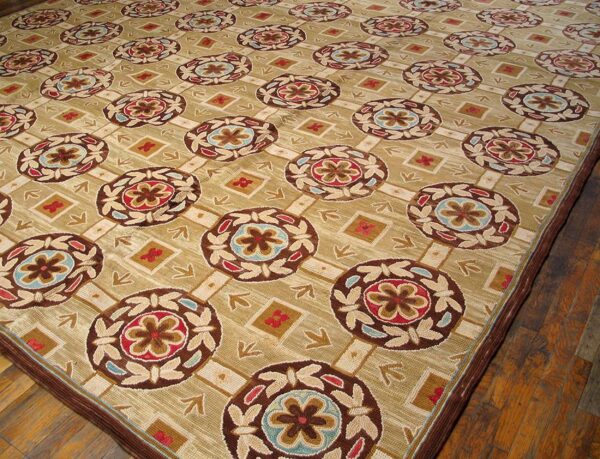 Contemporary american hooked rug — beige & red butterflies-flowers pattern - detail view 2