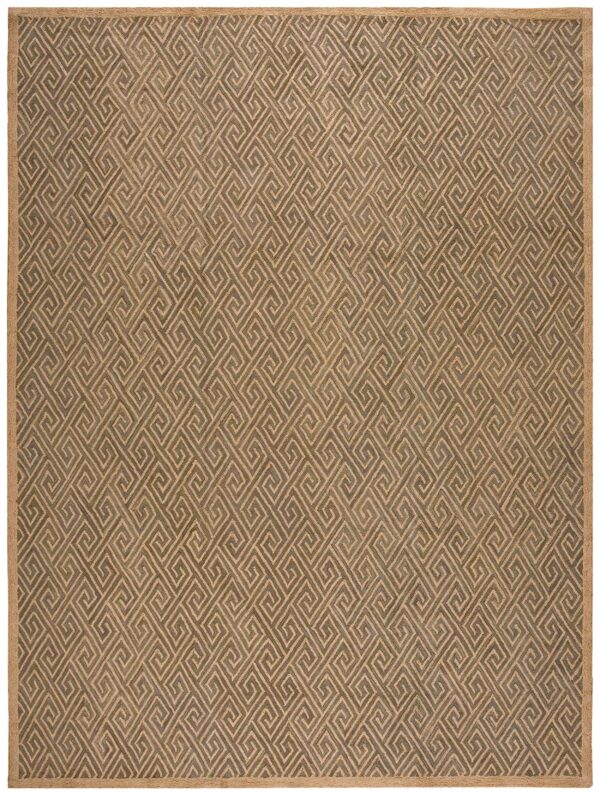 Contemporary american hooked rug 6'×9' — brown wool & jute greek key