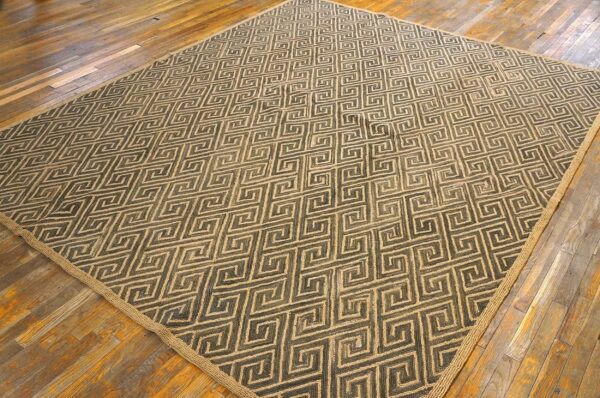 Contemporary american hooked rug 6'×9' — brown wool & jute greek key - detail view 2