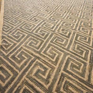 Contemporary American Hooked Rug 6'×9' — Brown Wool & Jute Greek Key - detail view 6