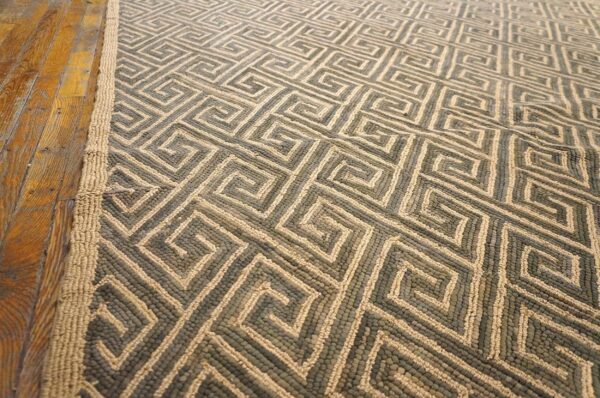 Contemporary american hooked rug 6'×9' — brown wool & jute greek key - detail view 6